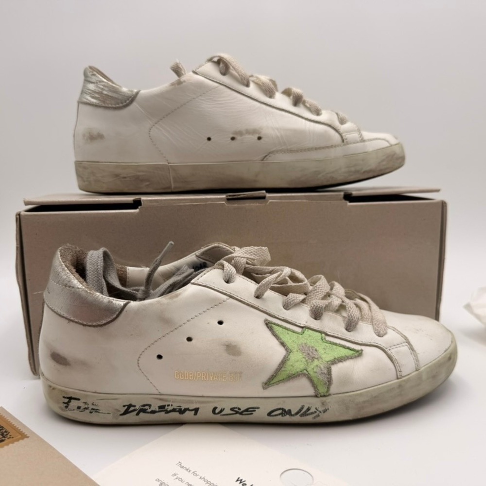 Golden Goose Super-Star Sneakers Womens 39 White Green Distressed‎ Leather